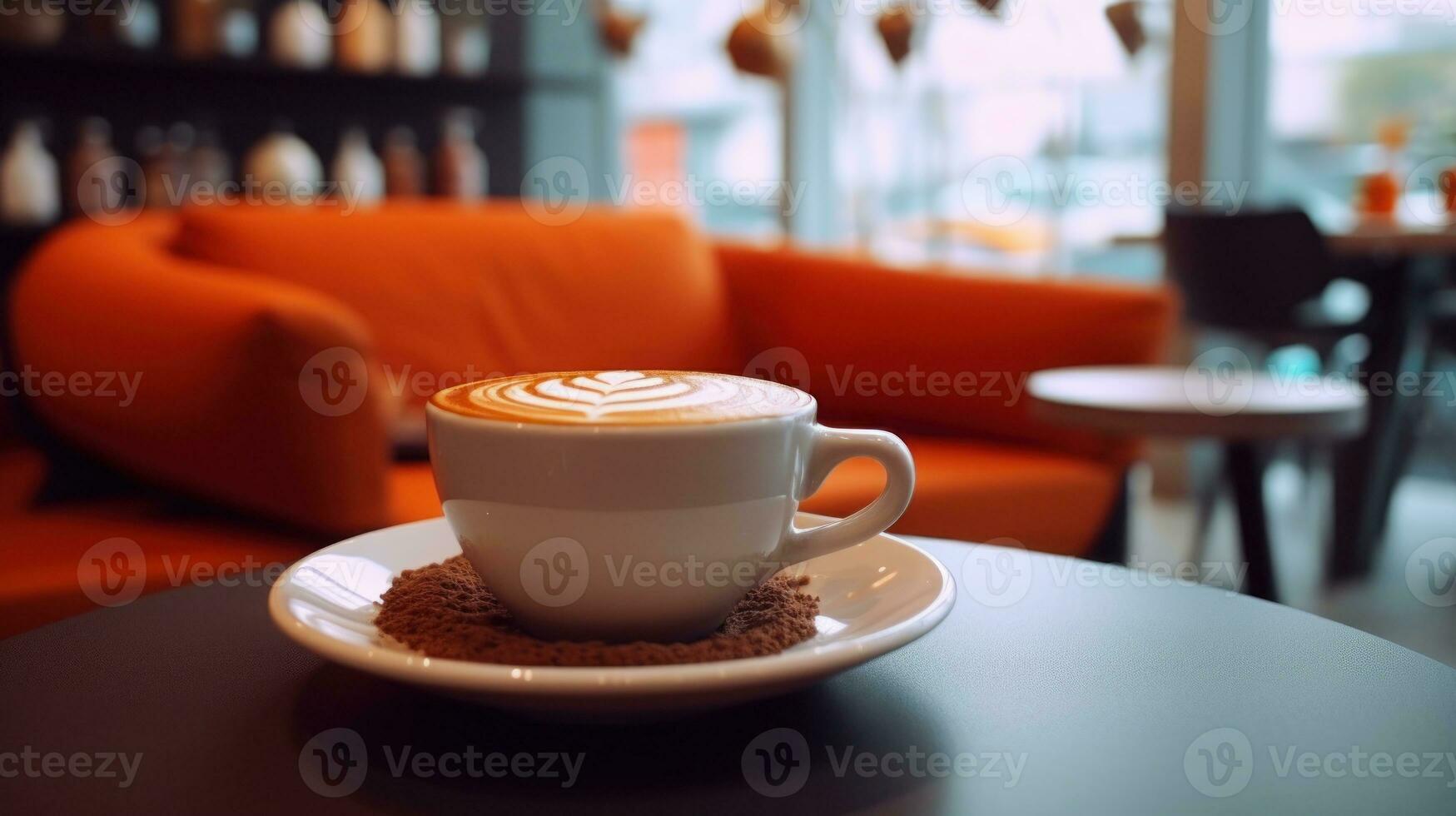 café taza en de madera mesa en café tienda con borroso antecedentes foto