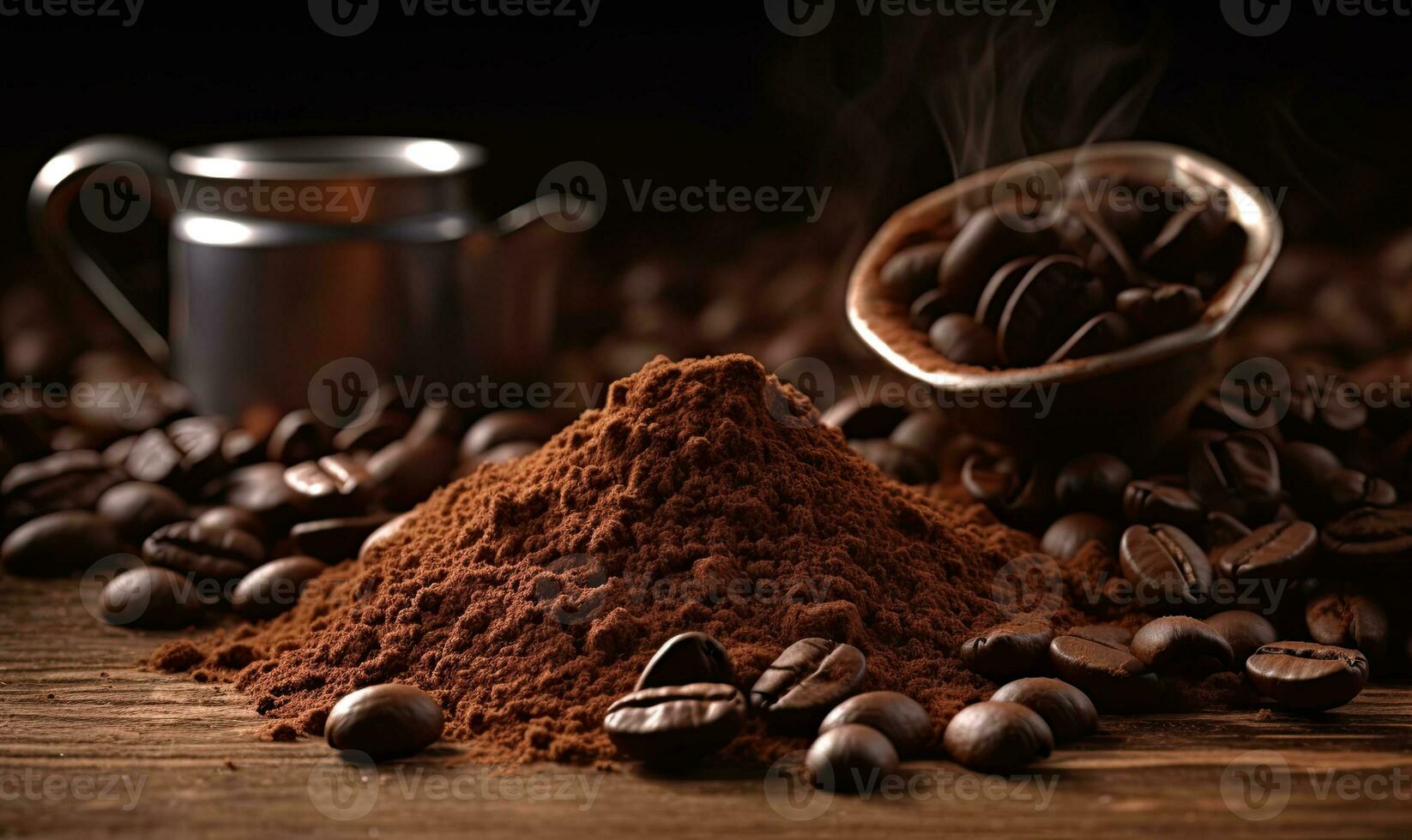 Coffee beans and ground coffee on wooden background. Selective focus. photo