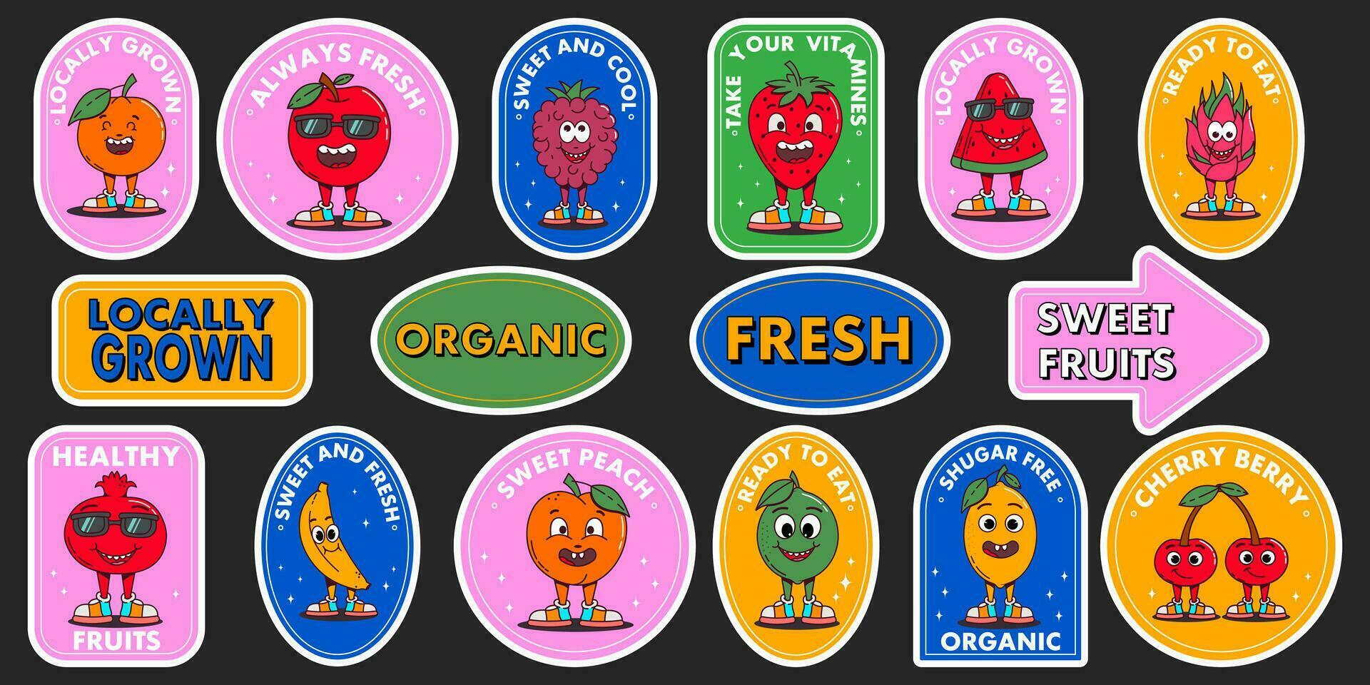 Retro labels with trendy groovy fruits. Collection of bright walking happy cartoon characters 70s. vector