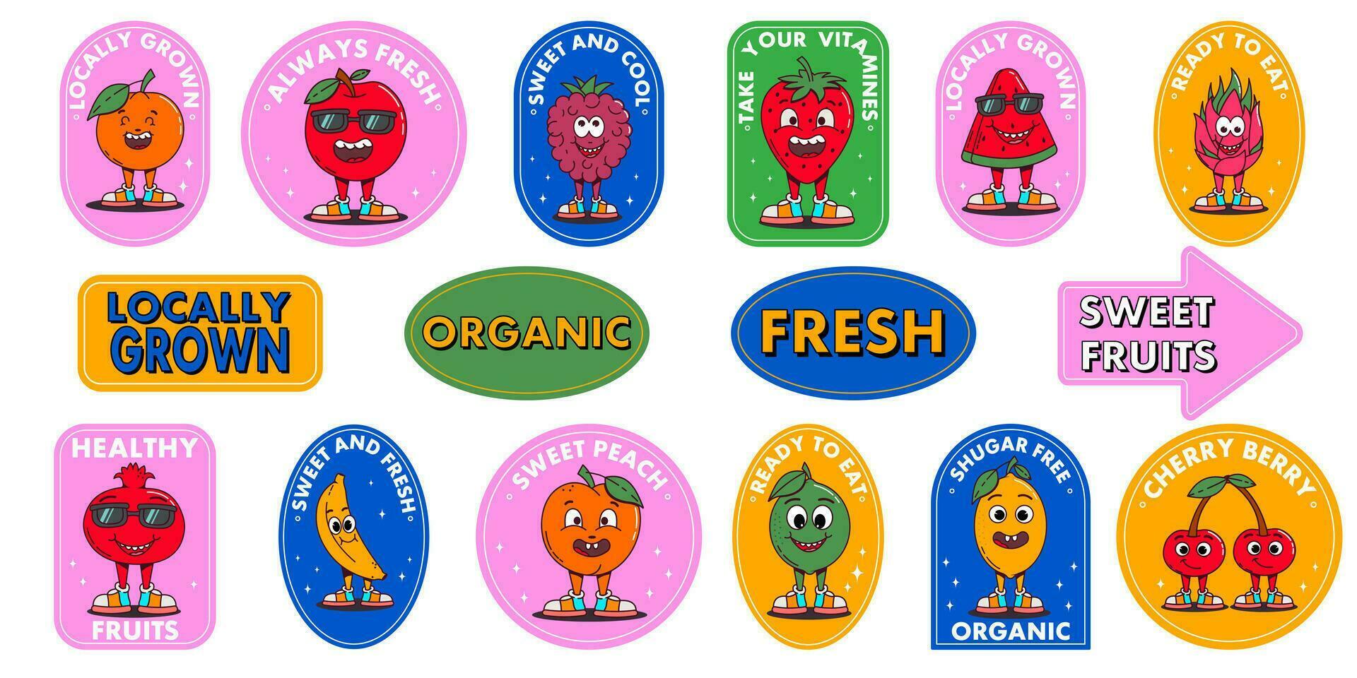 Retro labels with trendy groovy fruits. Collection of bright walking happy cartoon characters 70s. vector