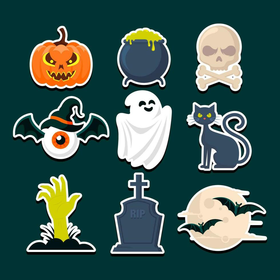 Set of icon halloween stickers. Pumpkin, cauldron, skull, eye bat, ghost, cat, hand, tombstone, bat. Vector eps 10