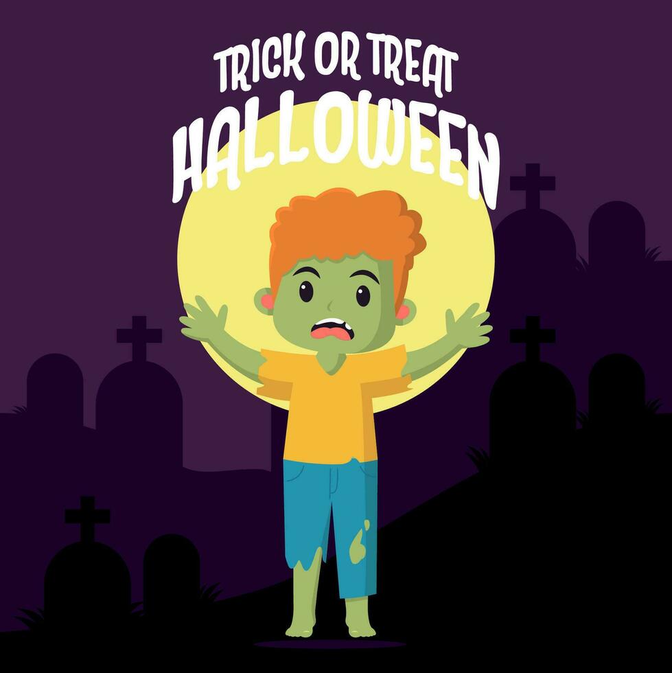 Kids halloween vector illustration in Zombie costume. halloween party poster or invitation vector template. Vector eps 10