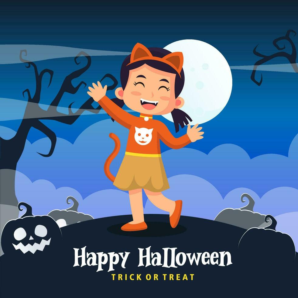 Kids halloween vector illustration in Cat costume. halloween party poster or invitation vector template. Vector eps 10