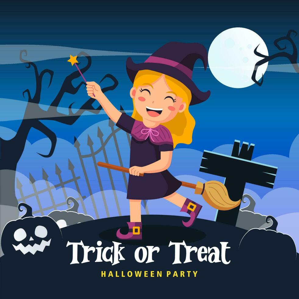 Kids halloween vector illustration in Witch costume. halloween party poster or invitation vector template. Vector eps 10