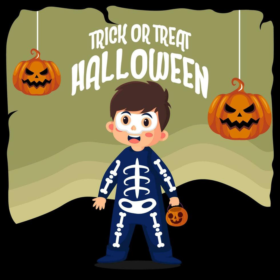 Kids halloween vector illustration in Skull  costume. halloween party poster or invitation vector template. Vector eps 10