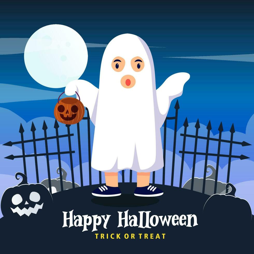 Kids halloween vector illustration in Ghost costume. halloween party poster or invitation vector template. Vector eps 10