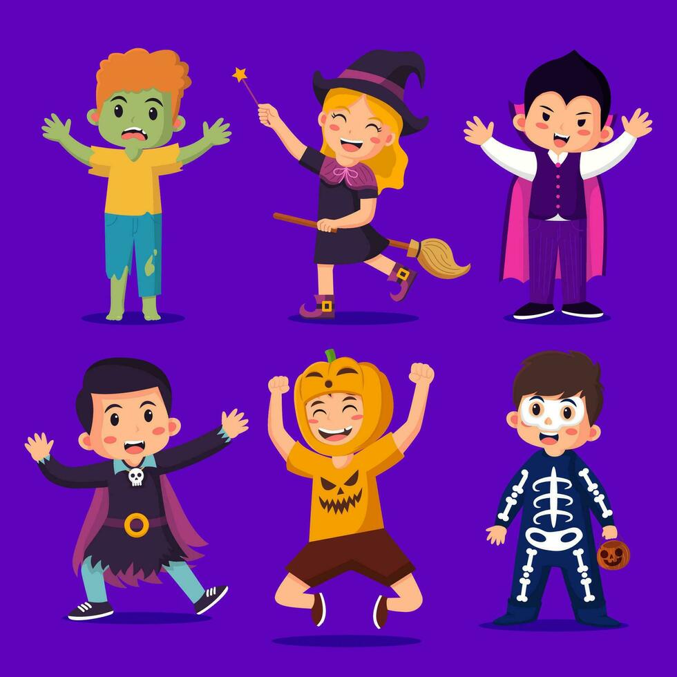 Víspera de Todos los Santos niños personaje colocar. niños en vistoso Víspera de Todos los Santos disfraces zombi, bruja, drácula, vampiro, calabaza, cráneo. vector eps 10