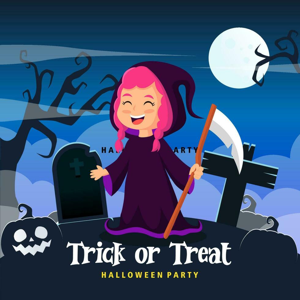 Kids halloween vector illustration in Grim reaper  costume. halloween party poster or invitation vector template. Vector eps 10