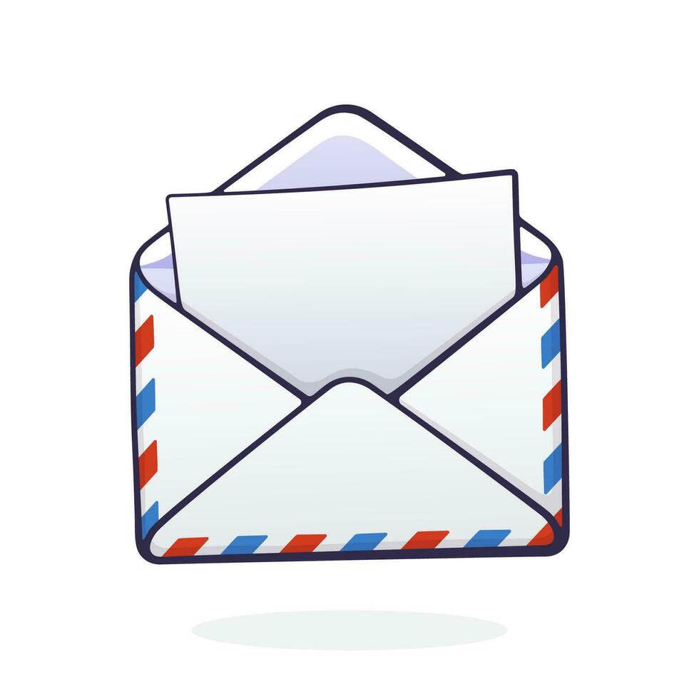 Cartoon illustration. Opened mail envelope with red and blue stripes. Incoming message has been read. Symbol of communication and internet letter. Graphic with contour. Isolated white background vector