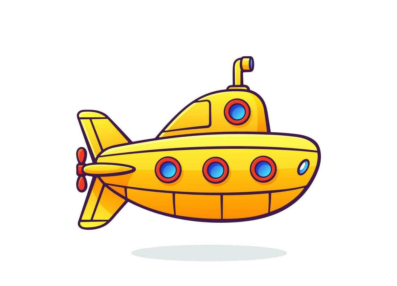 Submarine with periscope and portholes. Yellow bathyscaphe. Traveling on diving ship. Underwater transport. Vector illustration with outline in cartoon style. Clip art Isolated on white background