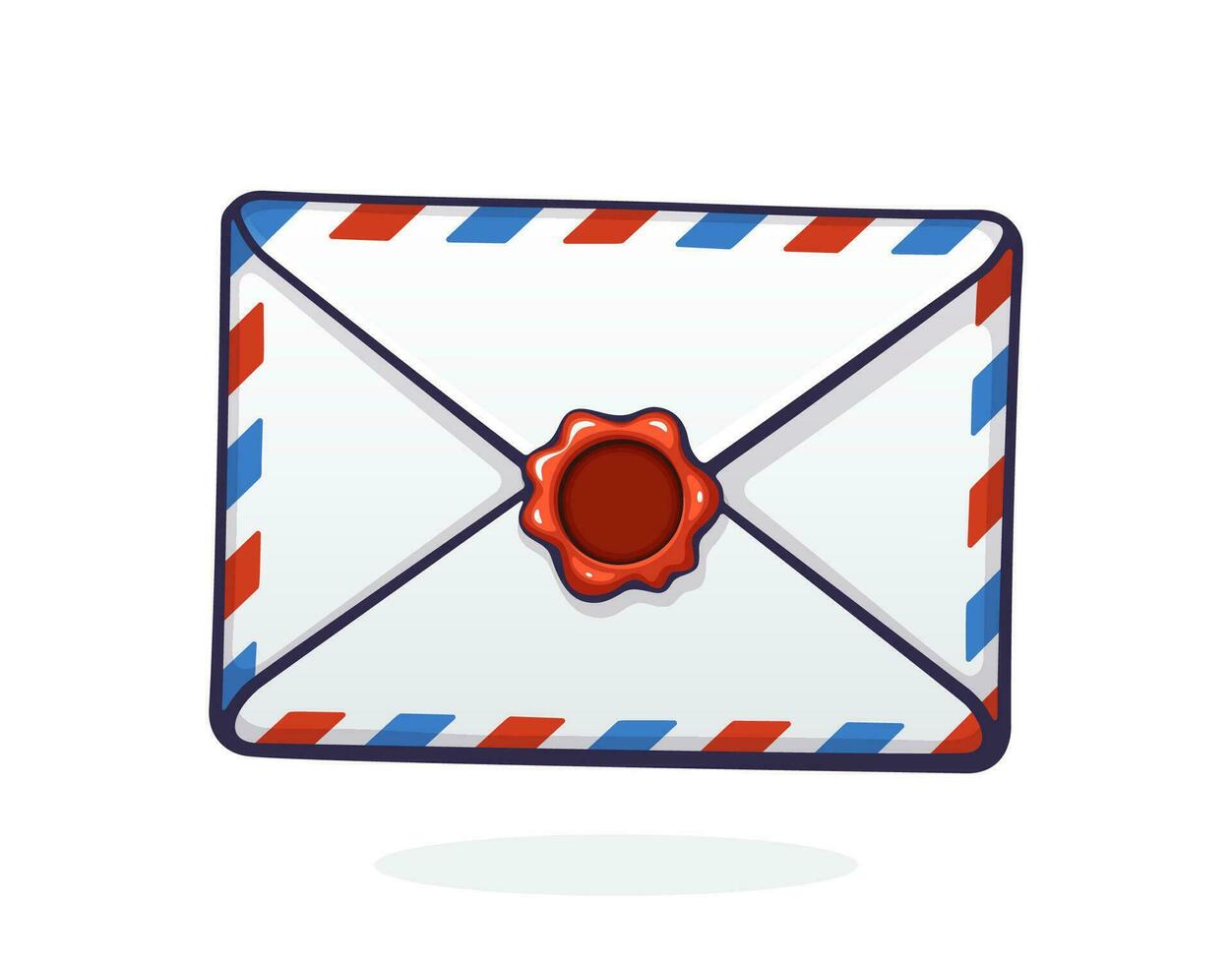 Vector illustration. Closed mail white envelope with red and blue stripes and red wax seal. Not read incoming message. Symbol of communication. Graphic with contour. Isolated white background