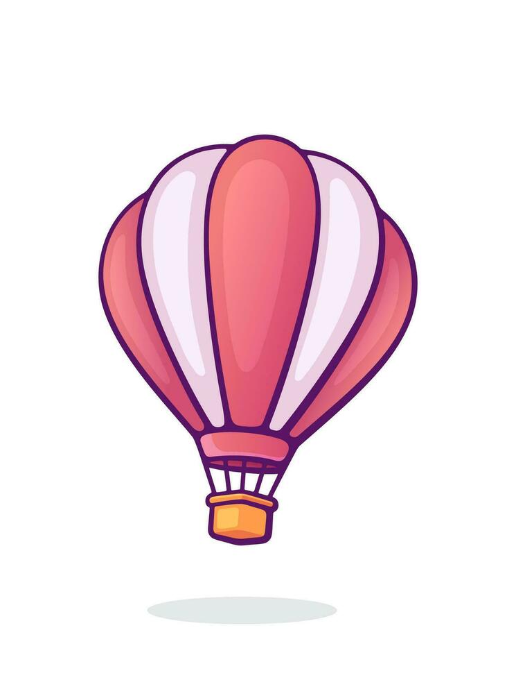 Flying hot air balloon with pink and white stripes. Summer journey by air transport. Romantic travel on aerostat. Cartoon vector illustration with outline. Clip art Isolated on white background