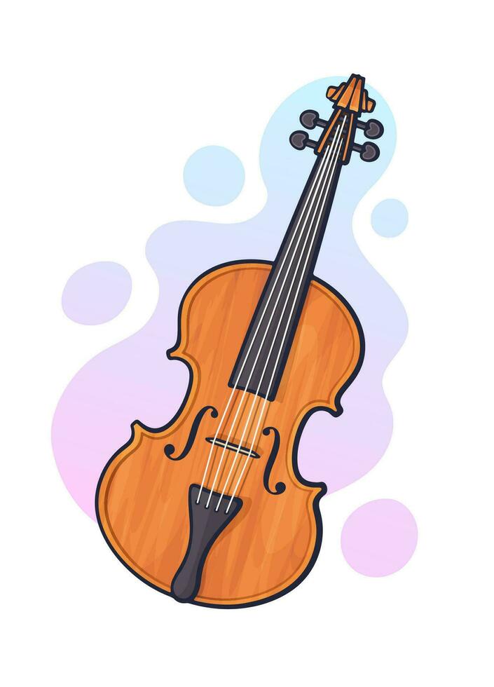 Vector illustration. Classical wooden violin without a bow. Stringed bow musical instrument. Blues, jazz, orchestral equipment. Clip art with contour for graphic design. Isolated on white background