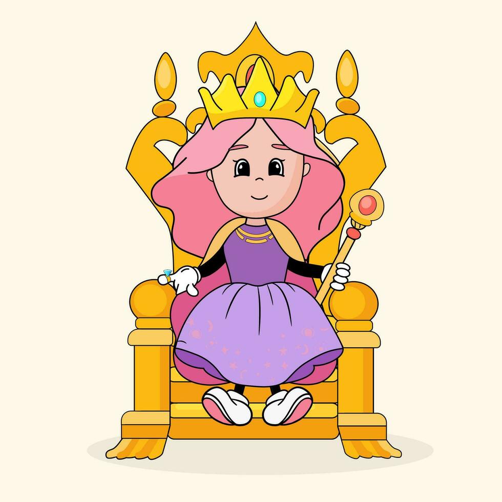 Cartoon princess with crown on the throne, Cute girl with pink hair on royal armchair, Groovy character. Vector illustration