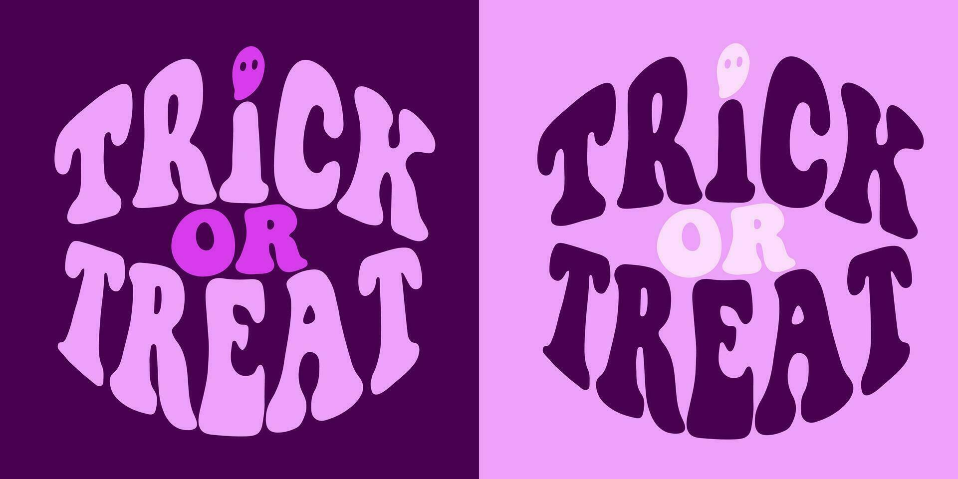 Trick or Treat Groovy lettering in shape. Cute Halloween sign. Vintage hippie poster. Vector illustration