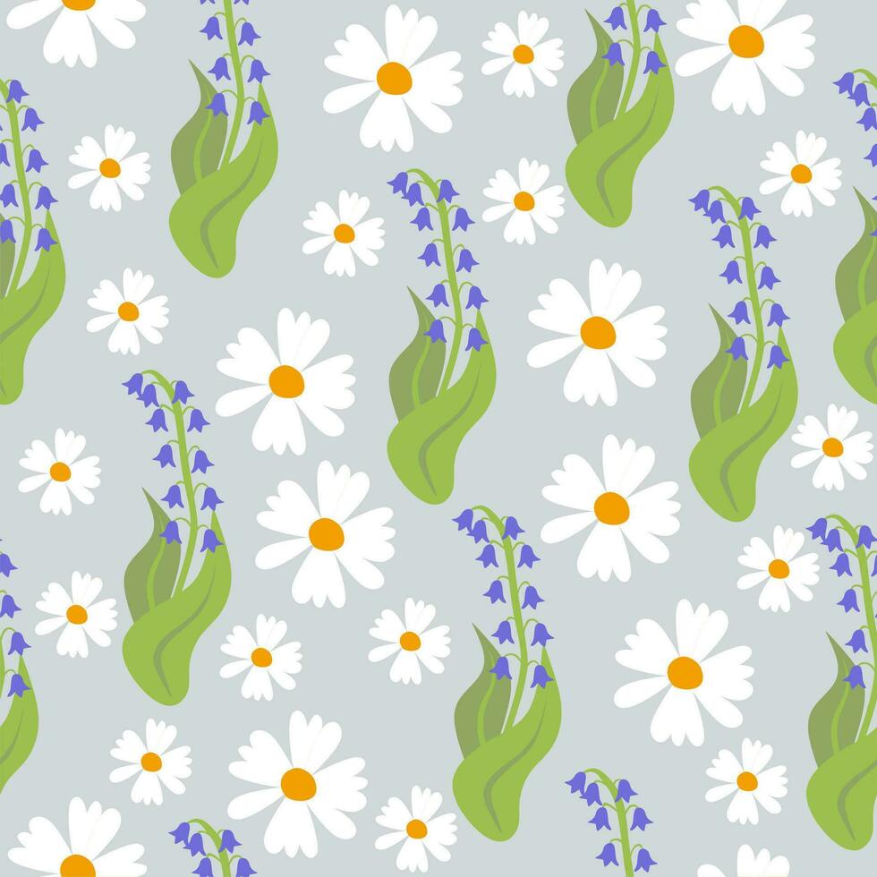 Seamless pattern with blue and yellow flowers. Ornamental folk art. Chamomile and bells flowers. vector