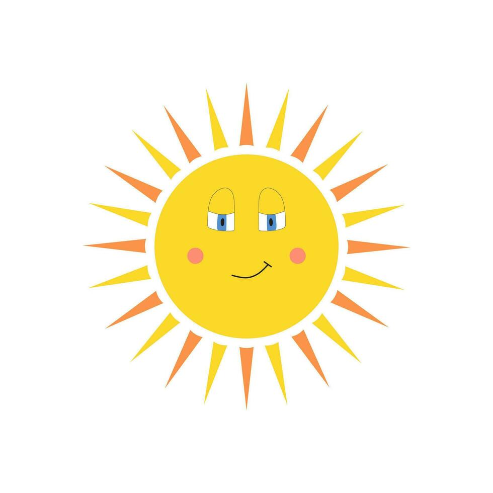 Cute yellow sun smiles on a white background. Vector illustration with sun in cartoon style.