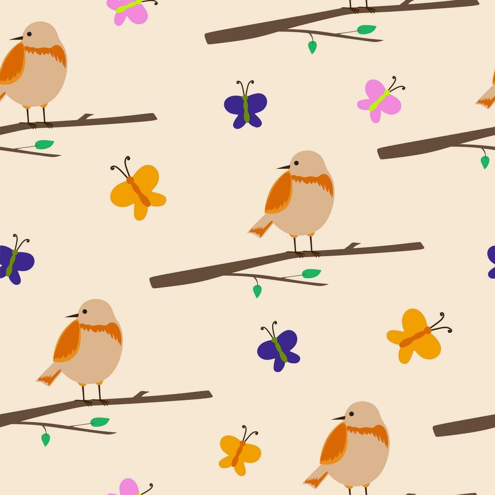 Cute birds and butterfly seamless vector pattern. Perfect for textile, wallpaper or print design.