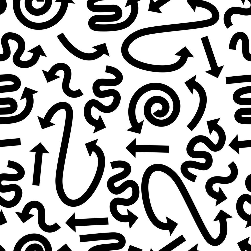 Bold black drawn curved wavy arrows seamless pattern. Curved and wavy strokes vector
