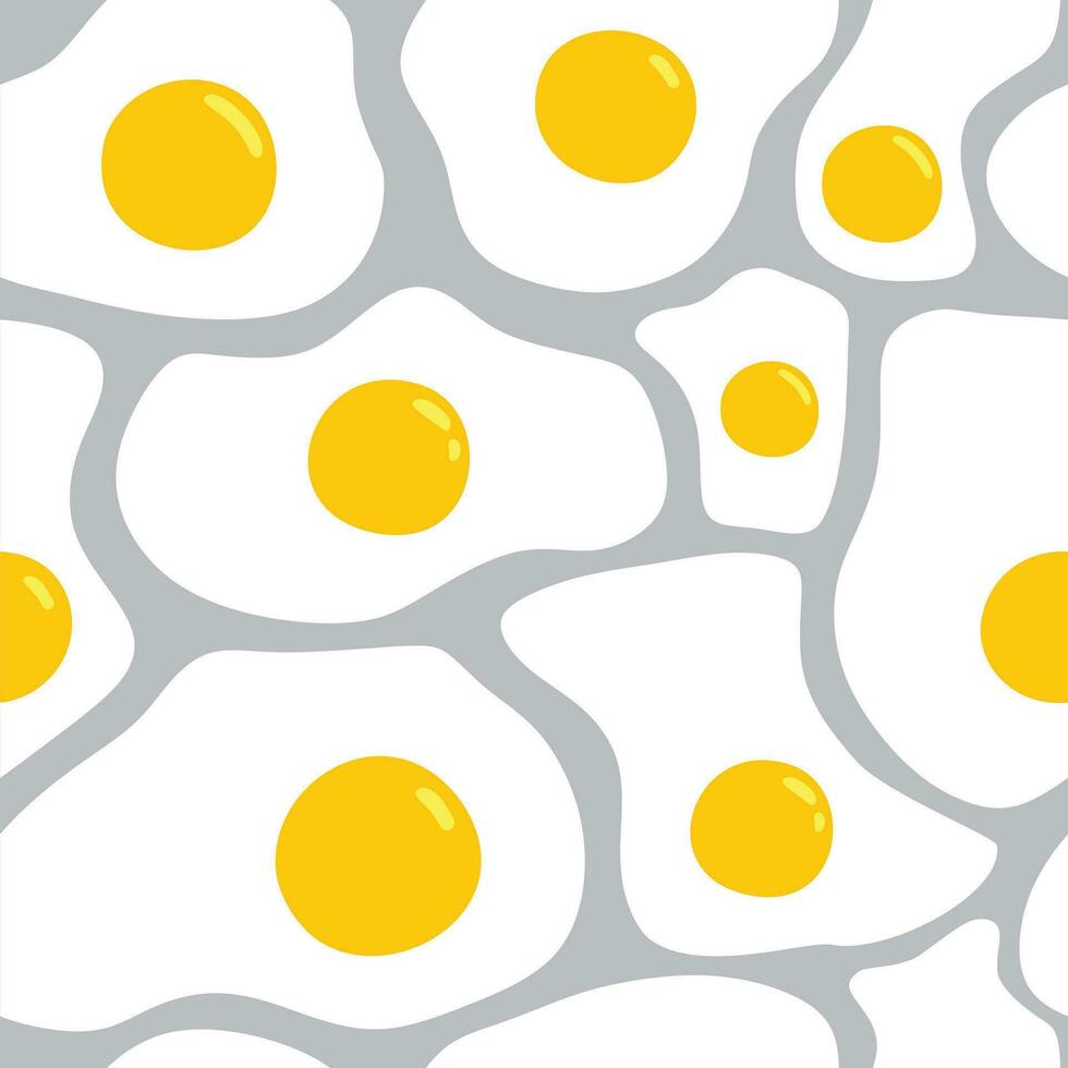 Morning breakfast seamless pattern with delicious fried eggs in cartoon style. Background with a lot of scrambled eggs. vector