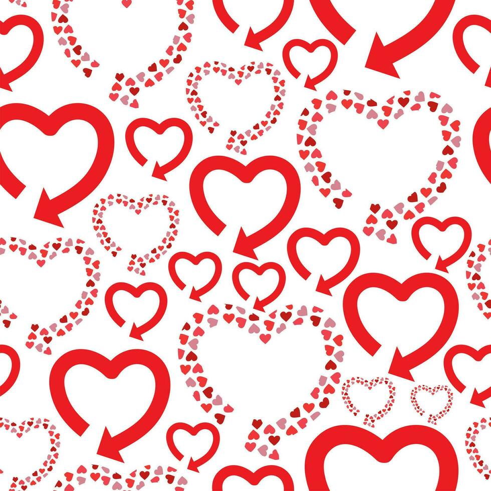 Valentines day red white seamless pattern with arrows created hearts shape. vector