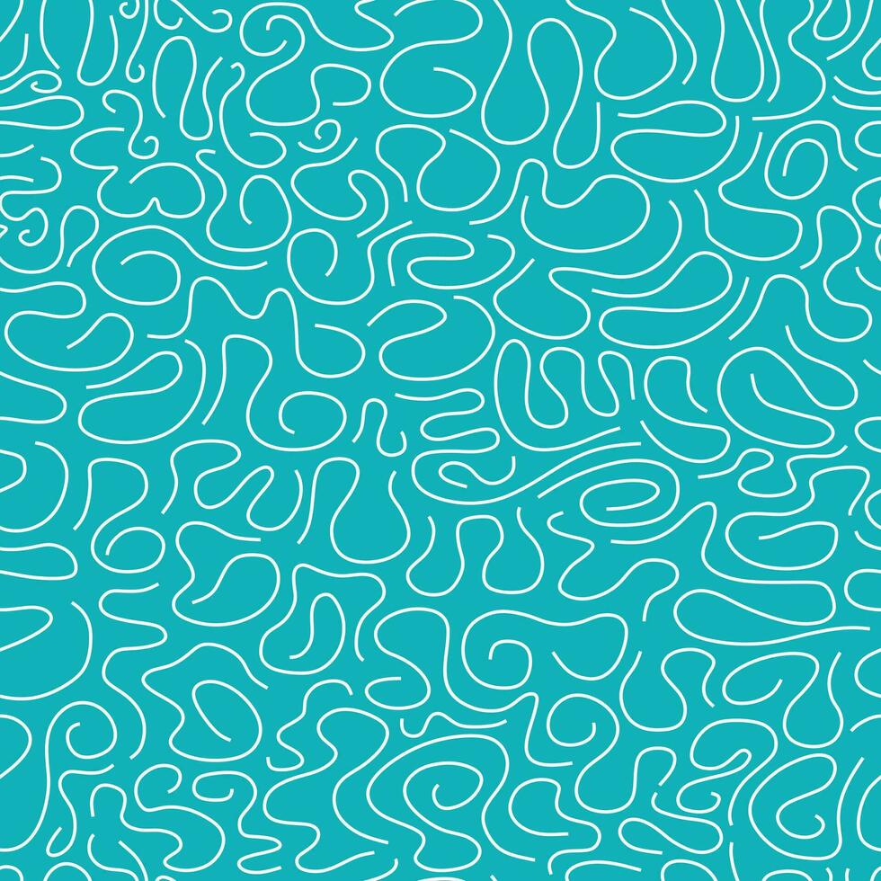 Circular shapes and waves seamless pattern. Brush drawn white curved lines on light blue background. vector