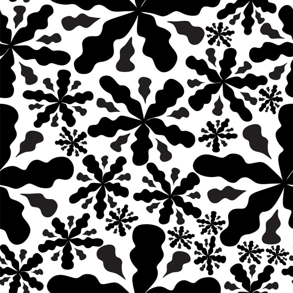 Seamless pattern with bold black abstract flowers. Hand drawn vector stylized leaves. Expressive simple ornament.