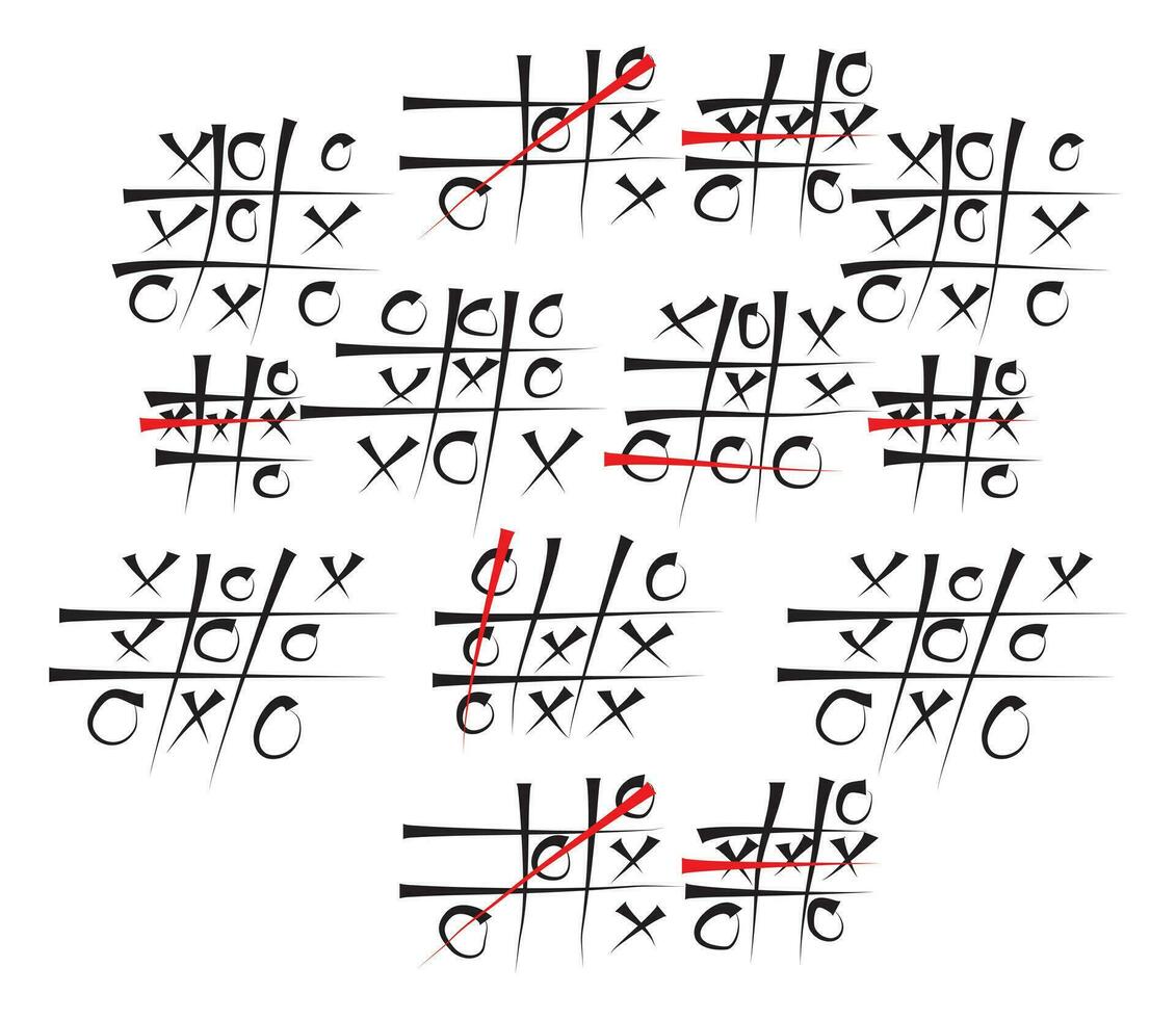 Tic tac toe in Hand drawn style. Doodle black line xo templates isolated on white background. Vector illustration.