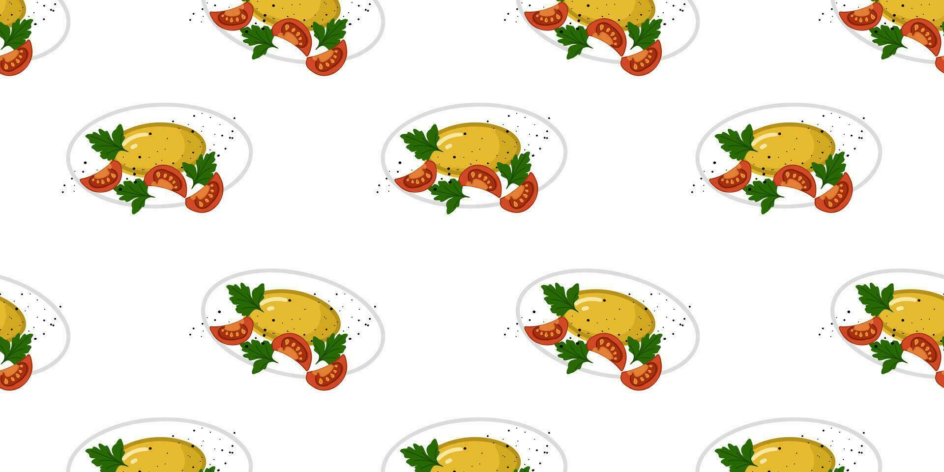 Seamless pattern with fried egg with tomatoes and parsley on a white background, vector