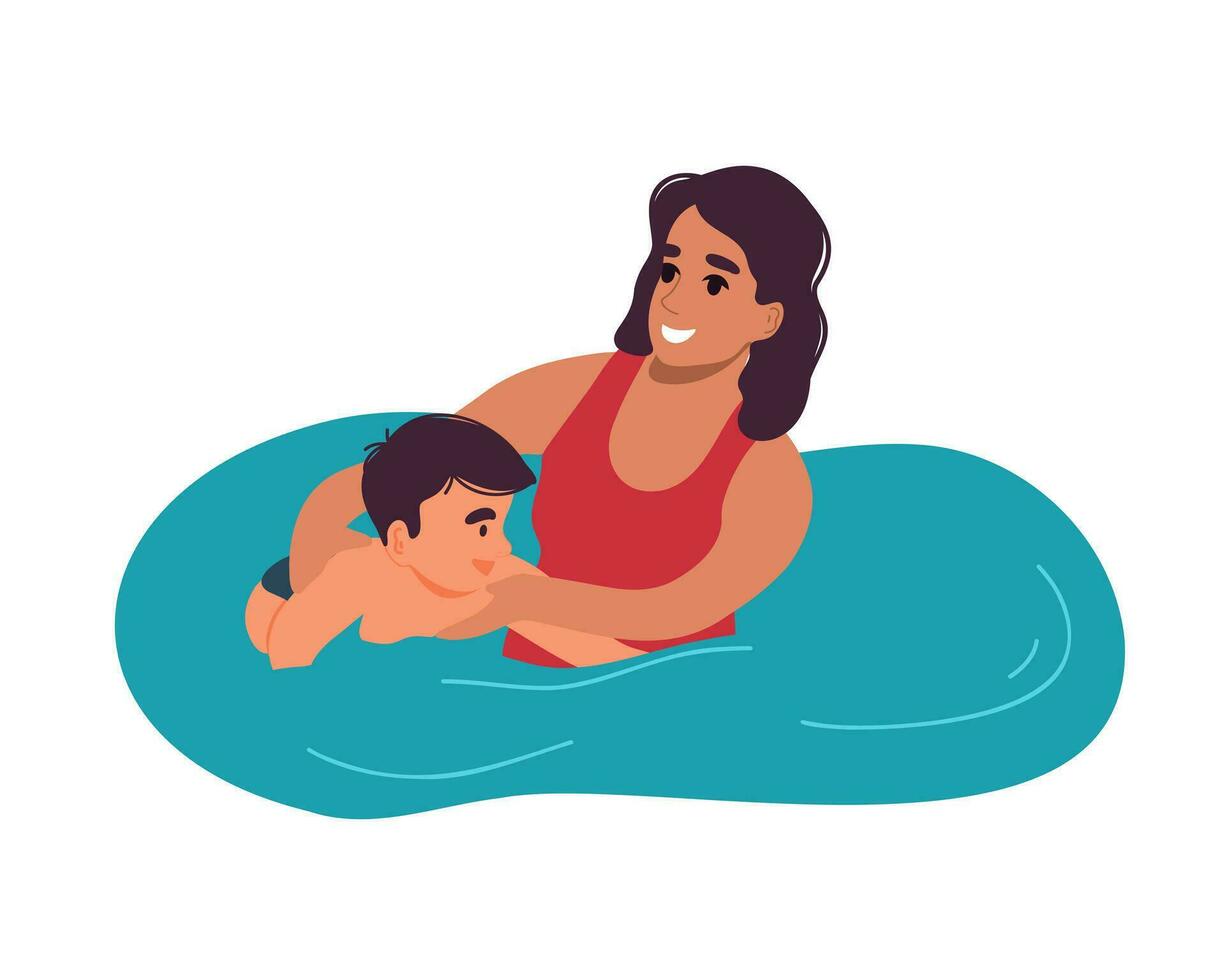 A woman teaches a small child to swim vector