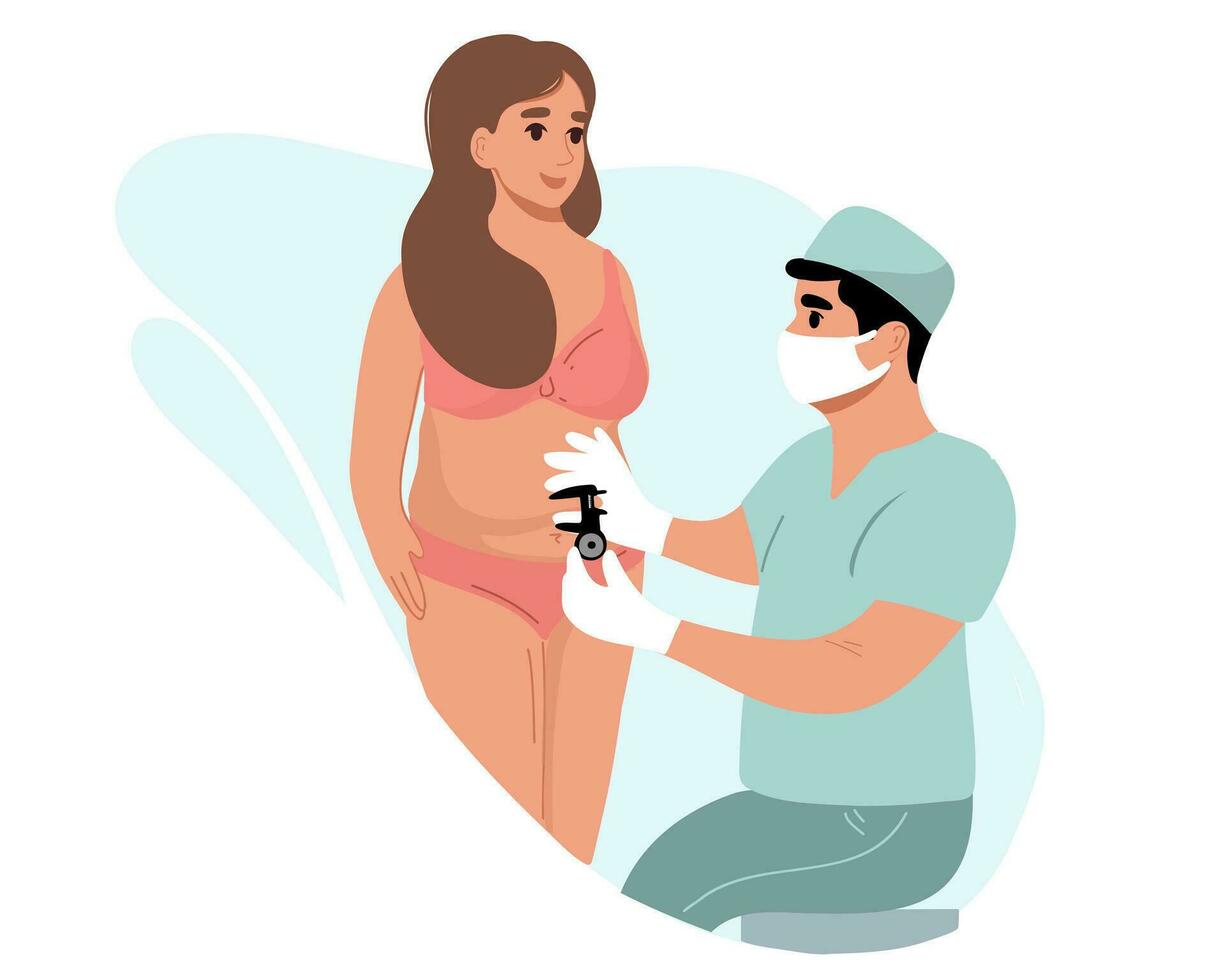 A plastic surgeon measures the percentage of subcutaneous fat using a caliper. Aesthetic liposuction. Abdominoplasty. vector