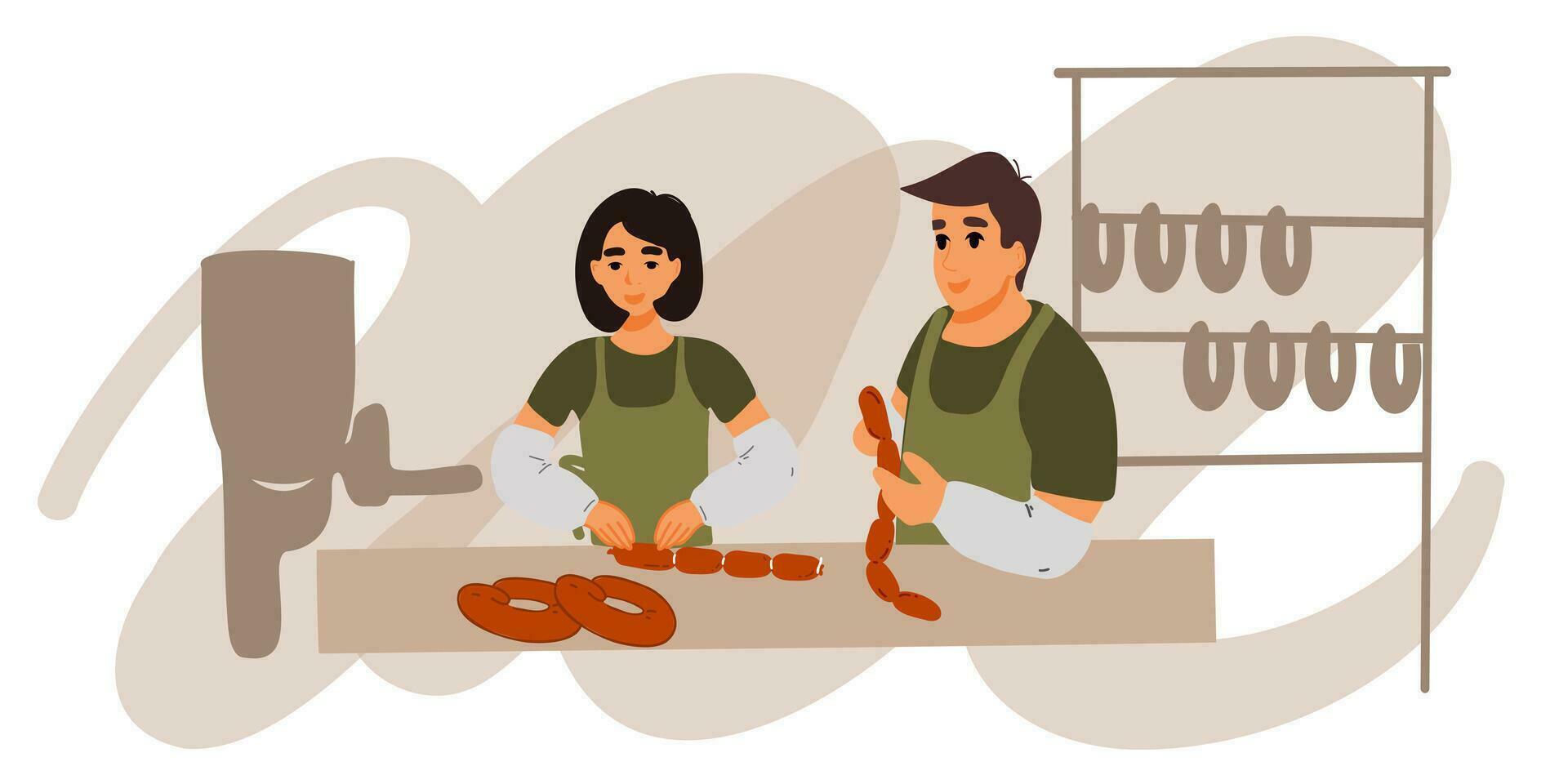 un hombre y un mujer hacer salchichas y salchichas salchicha fábrica. vector