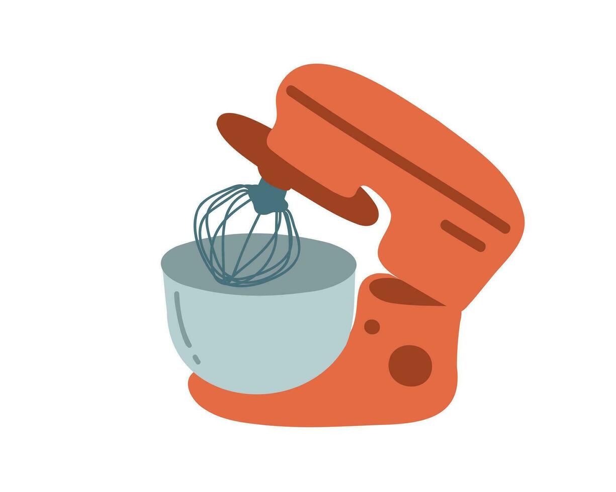An orange kitchen mixer with a whisk in it. vector