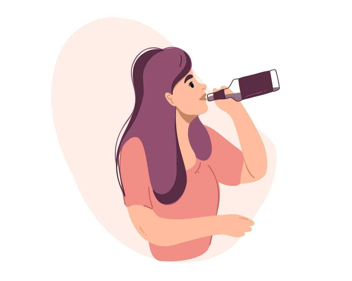 A woman drinks alcohol from a bottle. vector