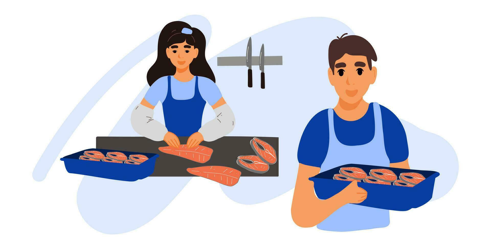 A woman cuts red fish, a man carries salmon steaks in a box. Fish shop. vector