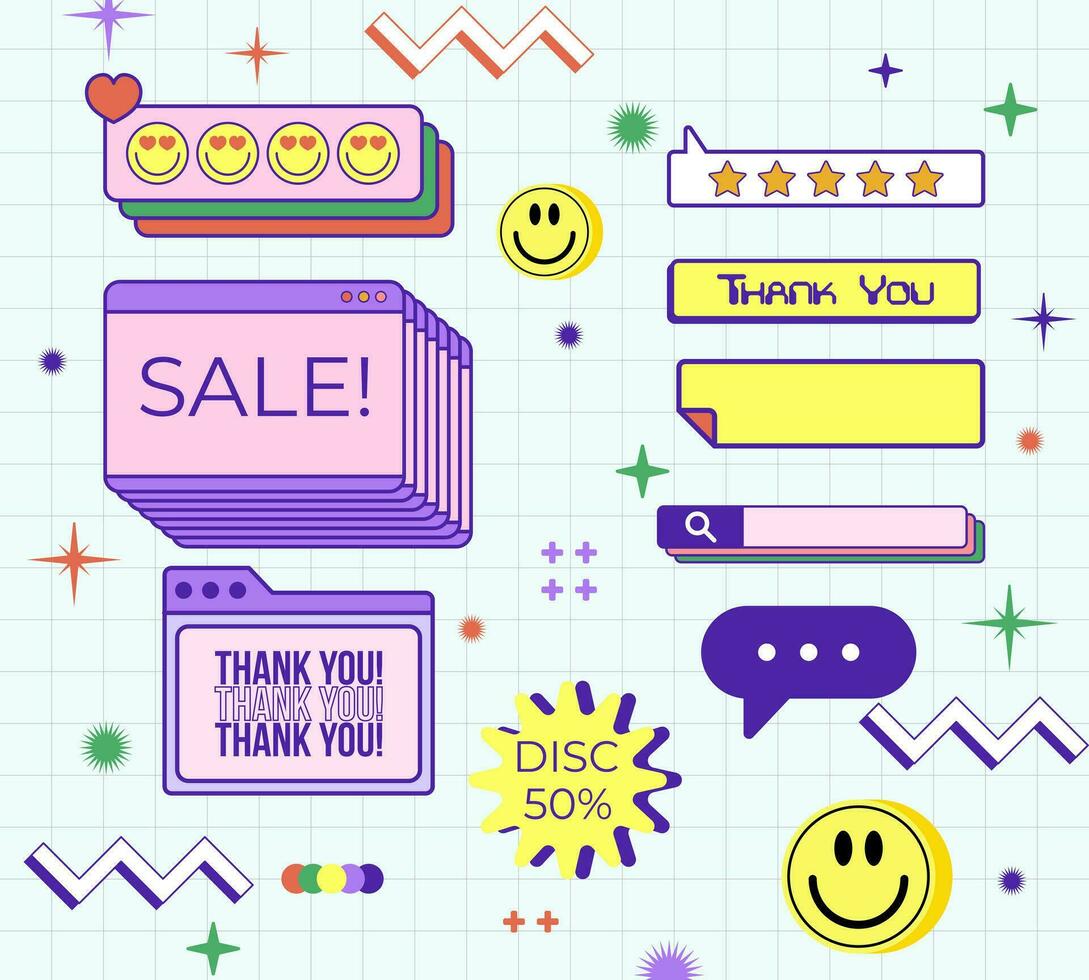 Computer pop up web banner Retro trendy Sale. Thank You, Promo Illustration Vector aesthetic design sticker smile editable.