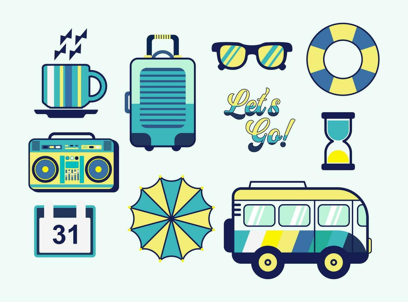 Summer vibes retro collection bundle set illustration vector clip art element van, lunggage, holiday beach, travel sticker t shirt design editable