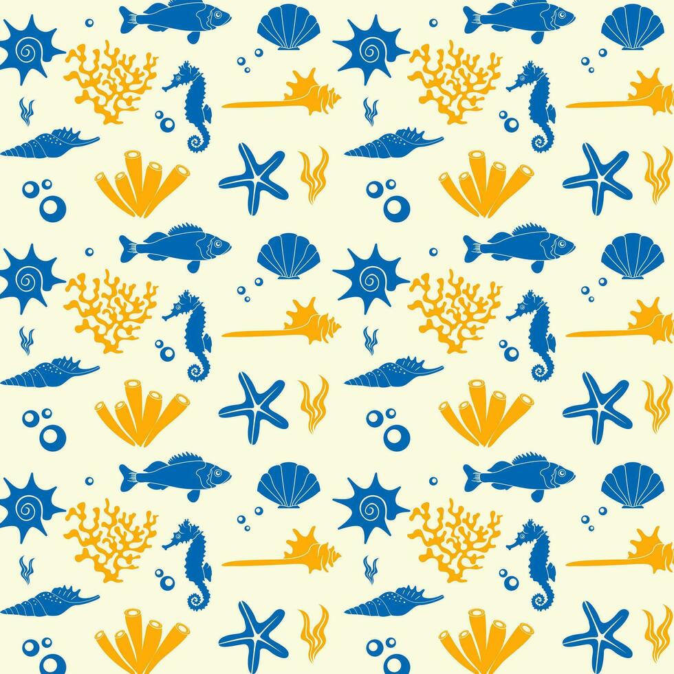 Marine life illustration pattern vector corral, shell, scallop, starfish, deep sea background layout silhouette printable