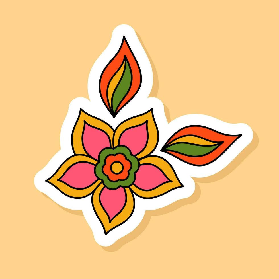 Vector Arstract Flower retro sticker isolated on yellow background. 70s style cartoon icon with white contour