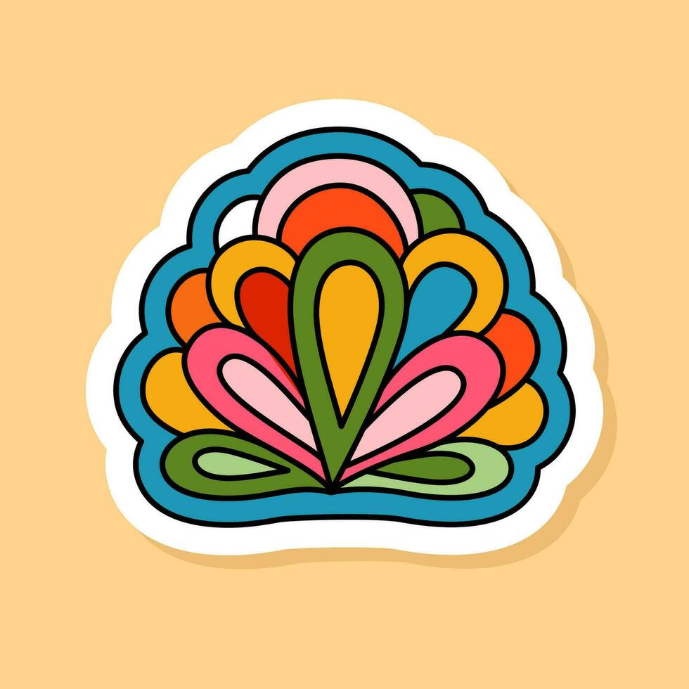 Vector Arstract Flower retro sticker isolated on yellow background. 70s style cartoon icon with white contour