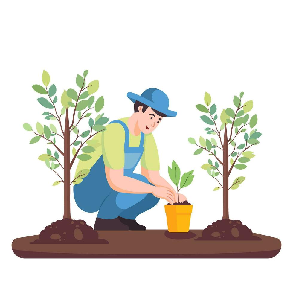 salvar el tierra, hombre plantando un árbol en plano estilo dibujos animados ilustración vector. tierra y ambiente día. vector