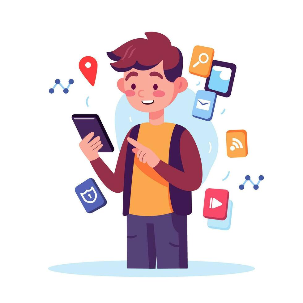 Kid using smartphone with application floating icon , social network, chat, message, internet, flat style illustration. vector