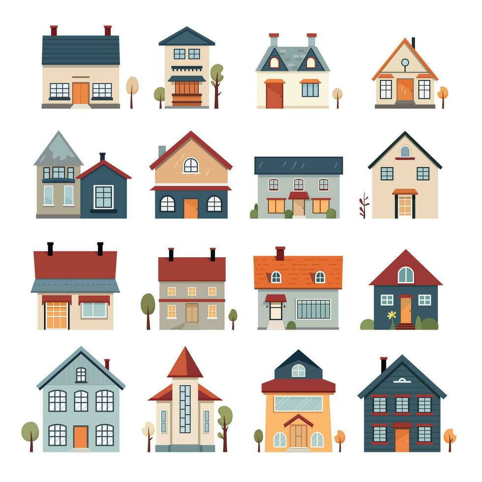 Collection of Residential House Illustrations in Flat Design Style. Architecture, Cartoon, Vector