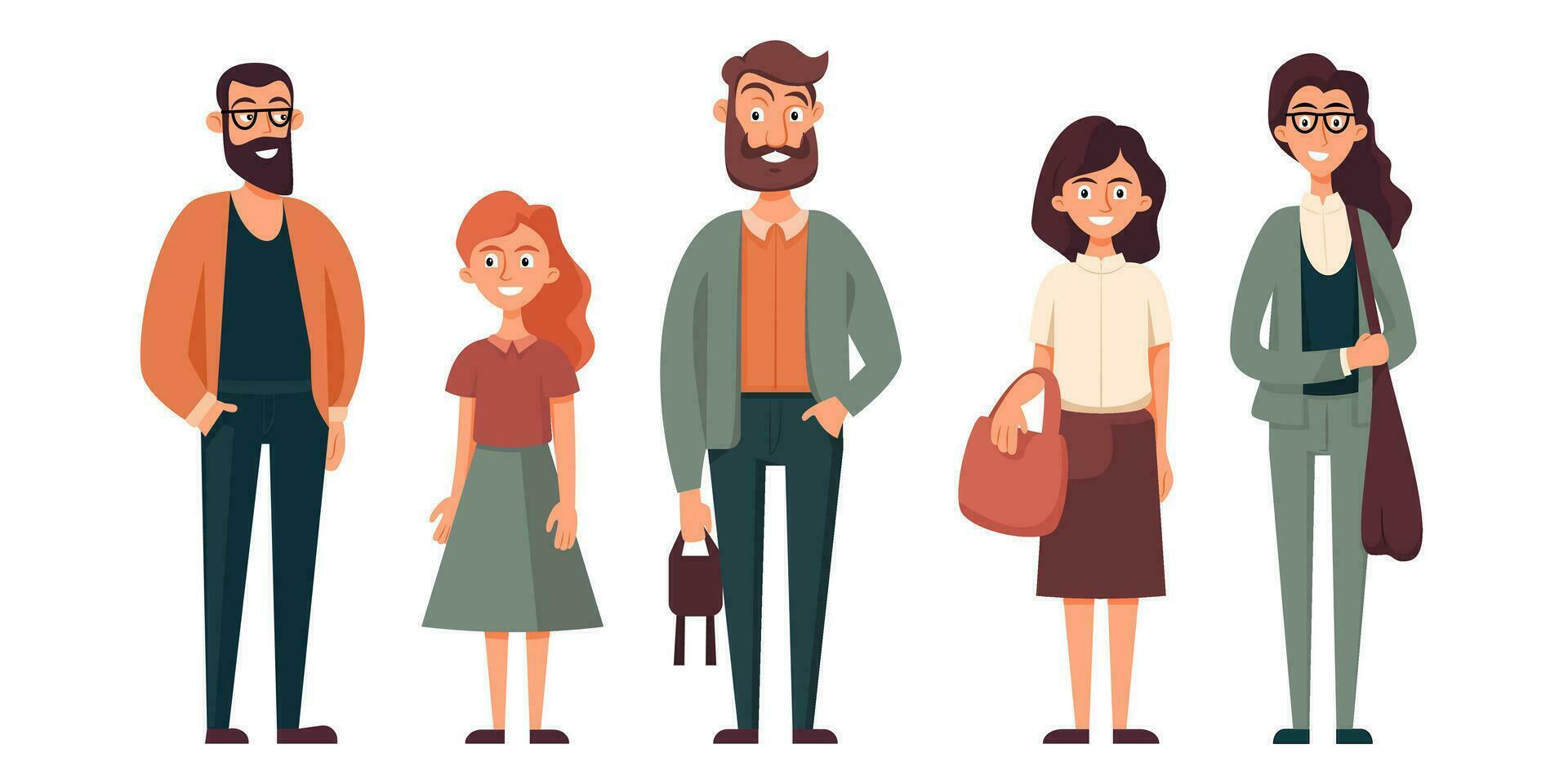 Group of people different genders, different ages standing on white background. Cartoon Vector illustration.