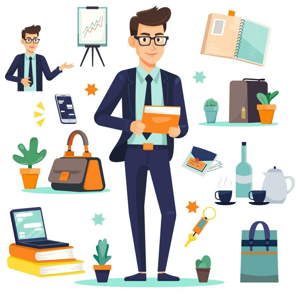 Businessman with office equipment supply, laptop computer, notebook, plant, books, smartphone, presentation board. Vector illustration.
