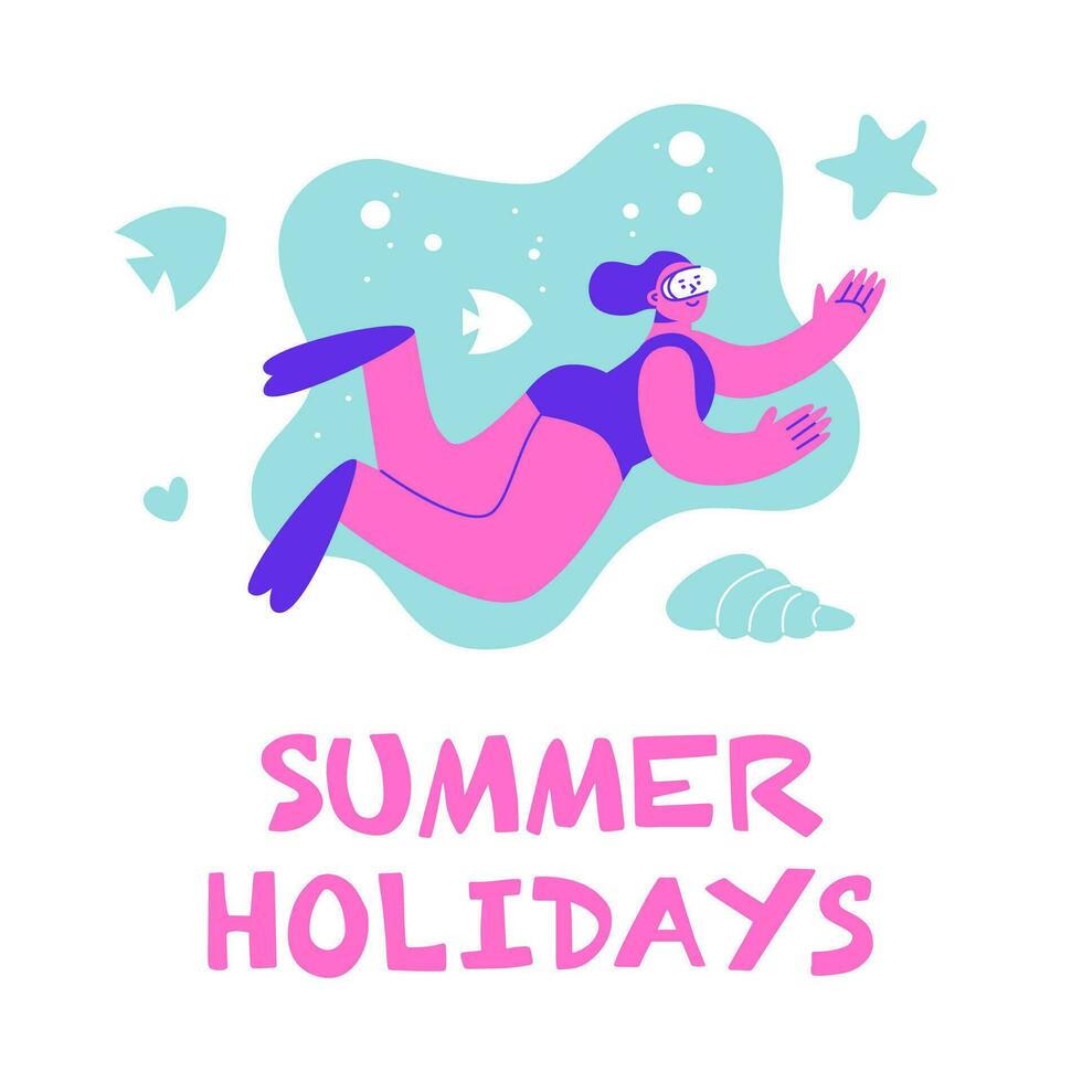 Girl diver under water. Funny girl dives into the sea with a mask. Flat vector illustration with lettering