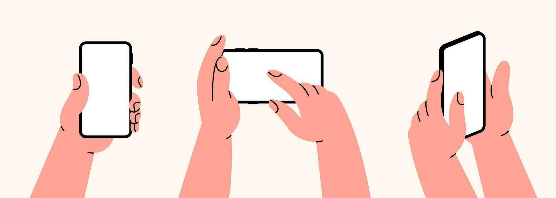 Several hands are holding smartphones. A set of blank templates with white screens. Gadgets and fingers. Dependence vector