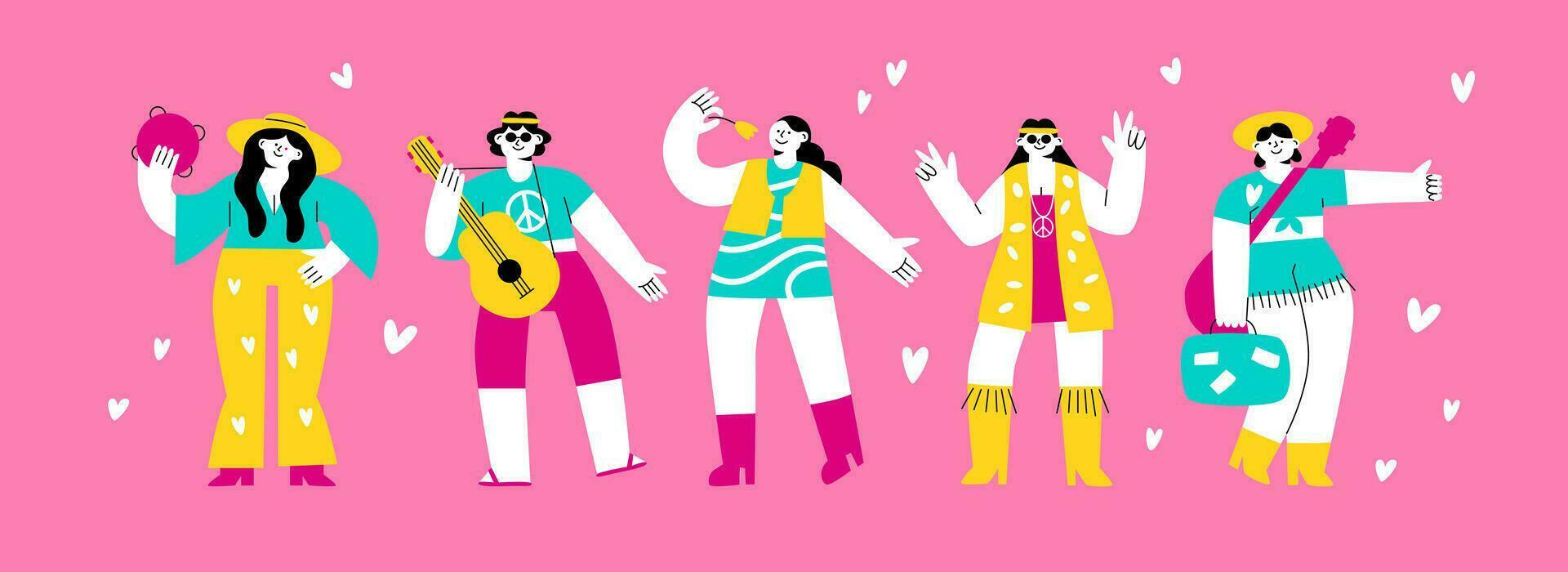 Funny bright hippies. Happy people in the style of the 70s smile, play guitar, dance. Vector flat illustration