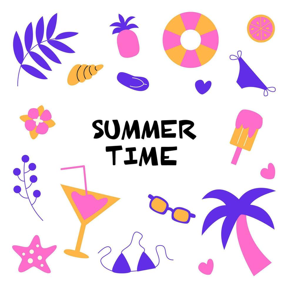 A set of summer elements for summer holidays. Vacation and summer mood. Ice cream, cocktail, beach, palm tree vector