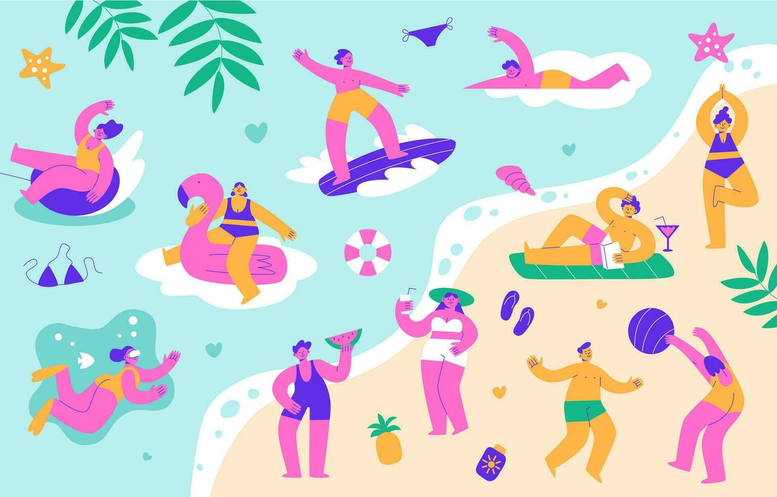 People relax on the beach in summer. Cheerful women and men swim, sunbathe and have fun on vacation. Vector flat illustration